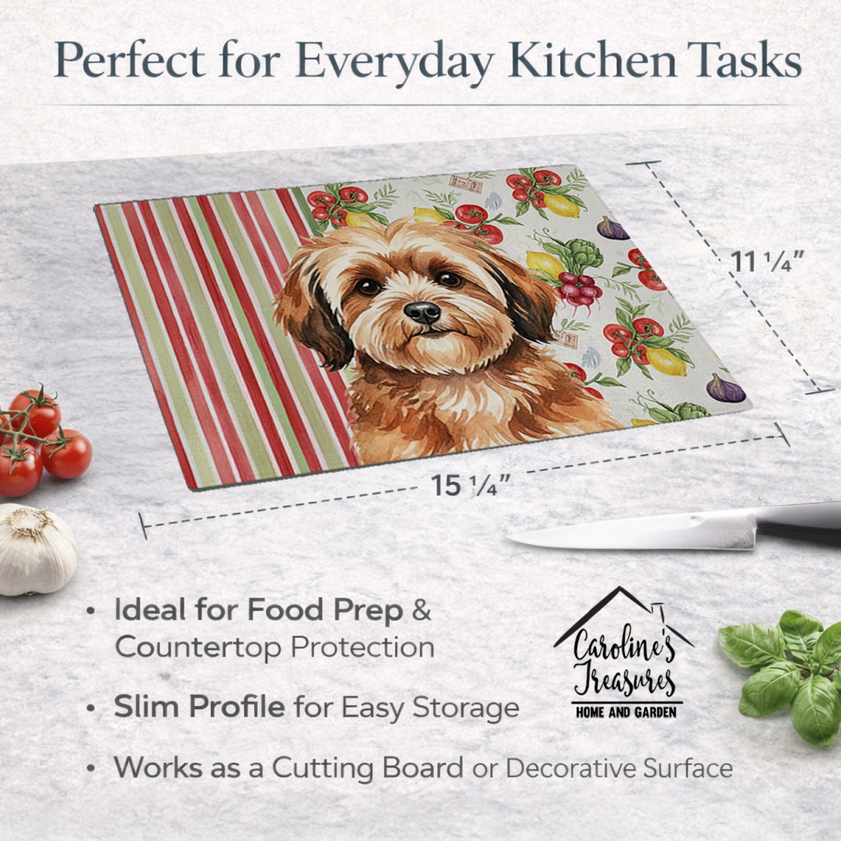 Picture of Carolines Treasures WDK8269LCB 11.25 x 15.25 in. Sable Havanese Vegetables Glass Cutting Board
