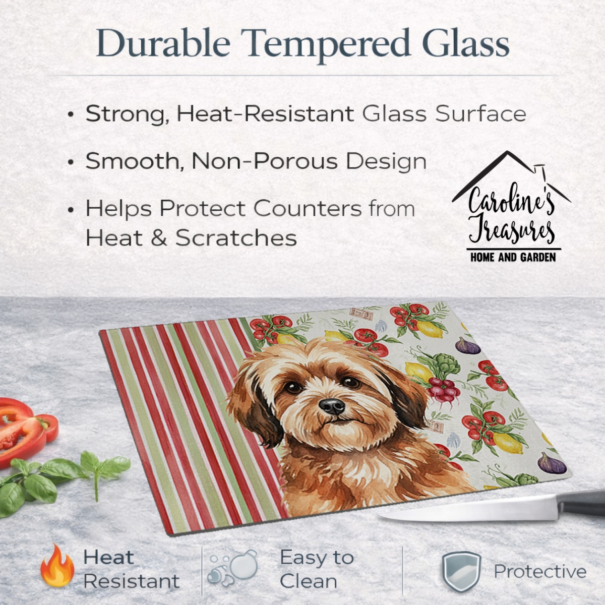 Picture of Carolines Treasures WDK8269LCB 11.25 x 15.25 in. Sable Havanese Vegetables Glass Cutting Board