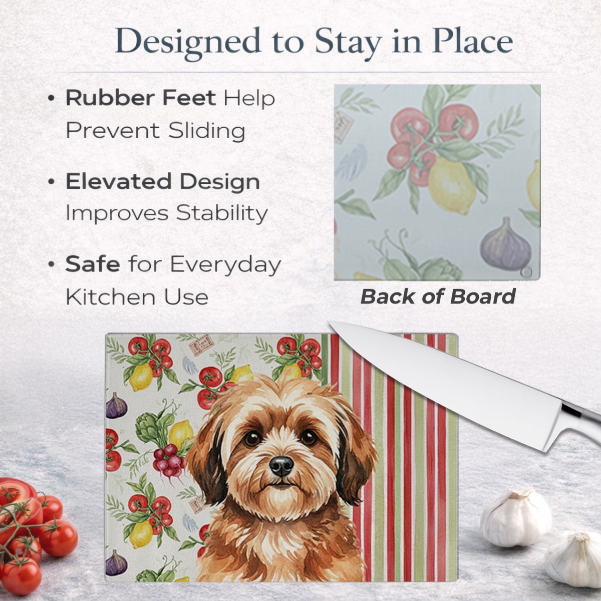 Picture of Carolines Treasures WDK8269LCB 11.25 x 15.25 in. Sable Havanese Vegetables Glass Cutting Board