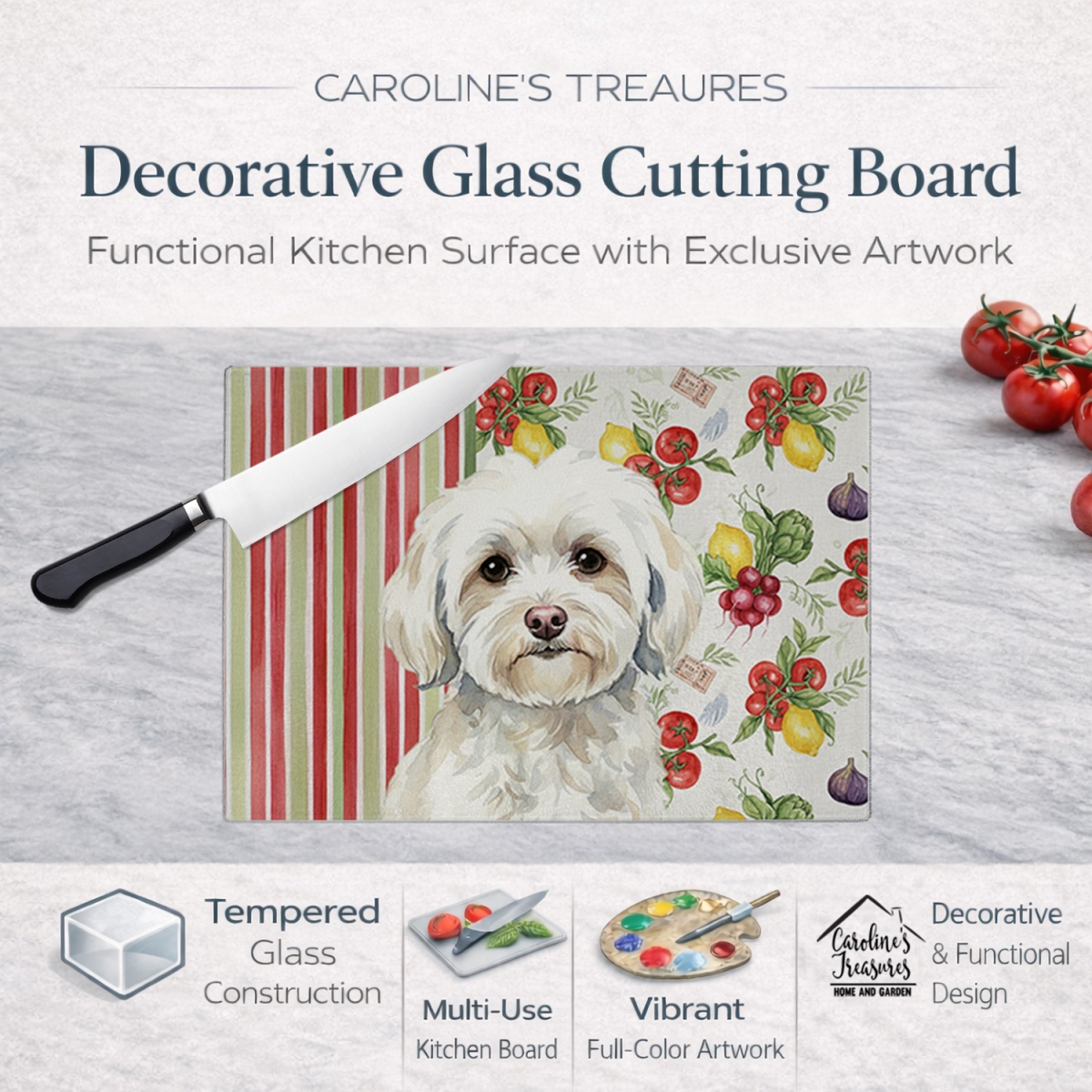 Picture of Carolines Treasures WDK8270LCB 11.25 x 15.25 in. White Havanese Vegetables Glass Cutting Board