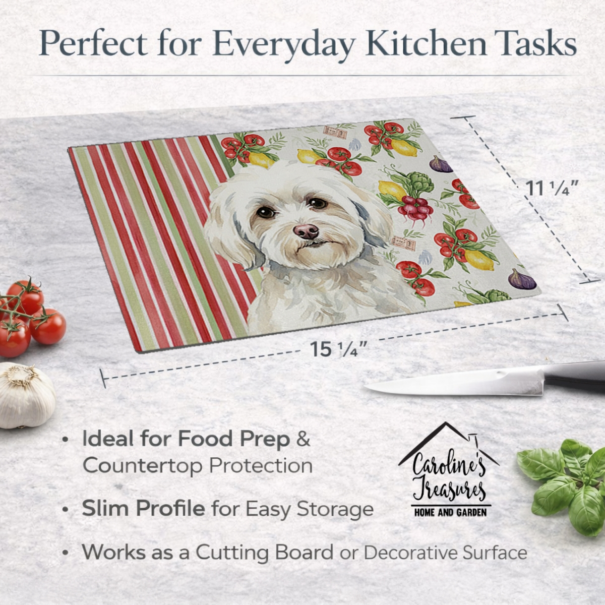 Picture of Carolines Treasures WDK8270LCB 11.25 x 15.25 in. White Havanese Vegetables Glass Cutting Board