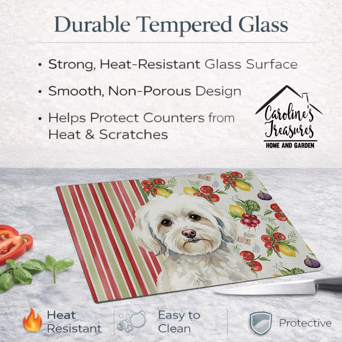 Picture of Carolines Treasures WDK8270LCB 11.25 x 15.25 in. White Havanese Vegetables Glass Cutting Board