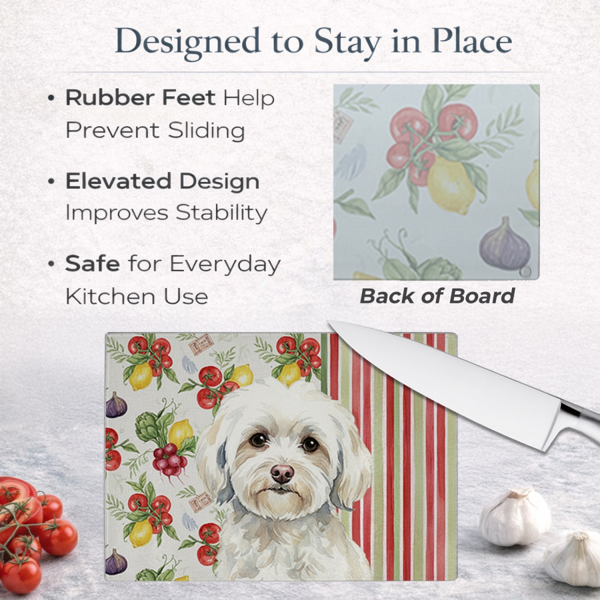 Picture of Carolines Treasures WDK8270LCB 11.25 x 15.25 in. White Havanese Vegetables Glass Cutting Board