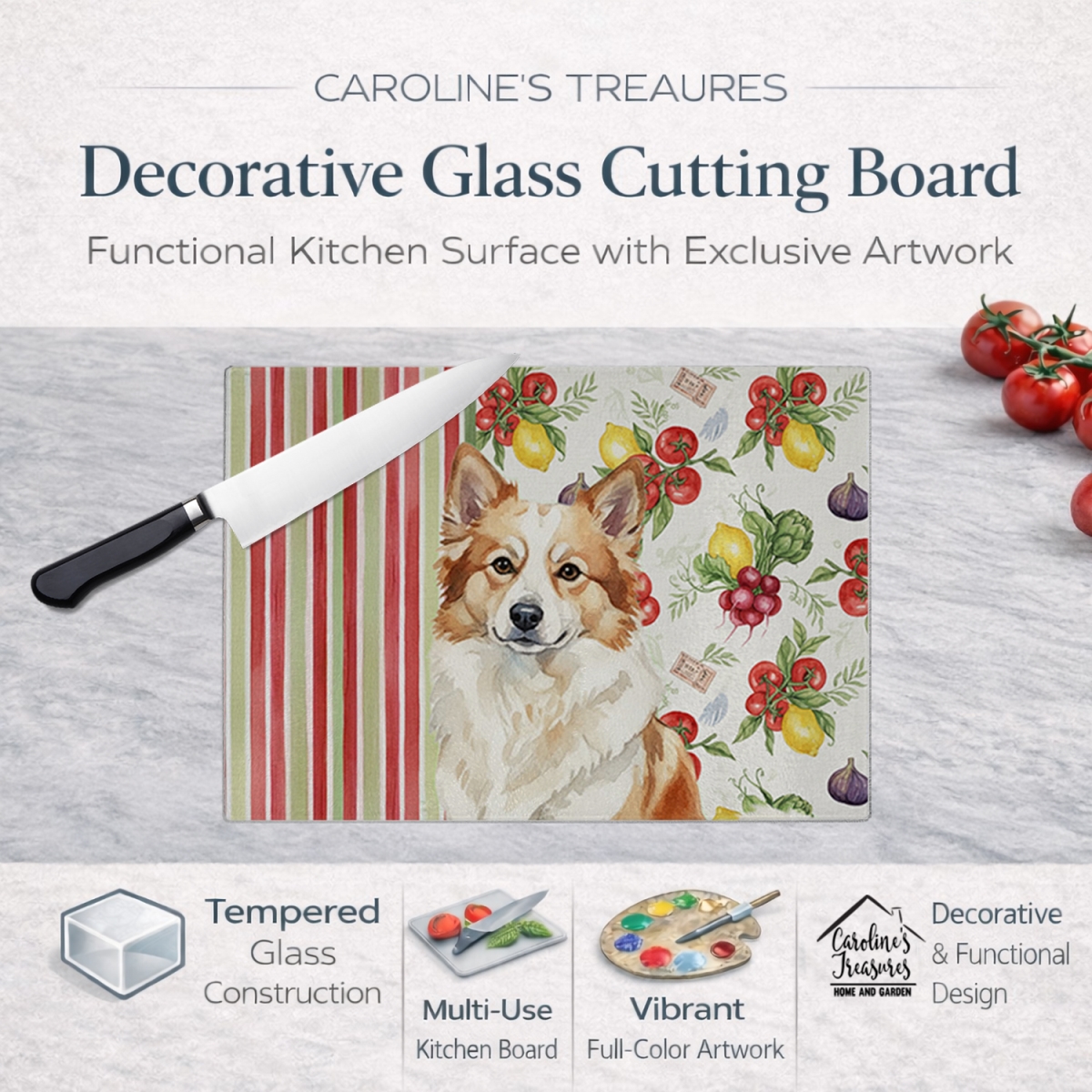 Picture of Carolines Treasures WDK8271LCB 11.25 x 15.25 in. Tan Icelandic Sheepdog Vegetables Glass Cutting Board