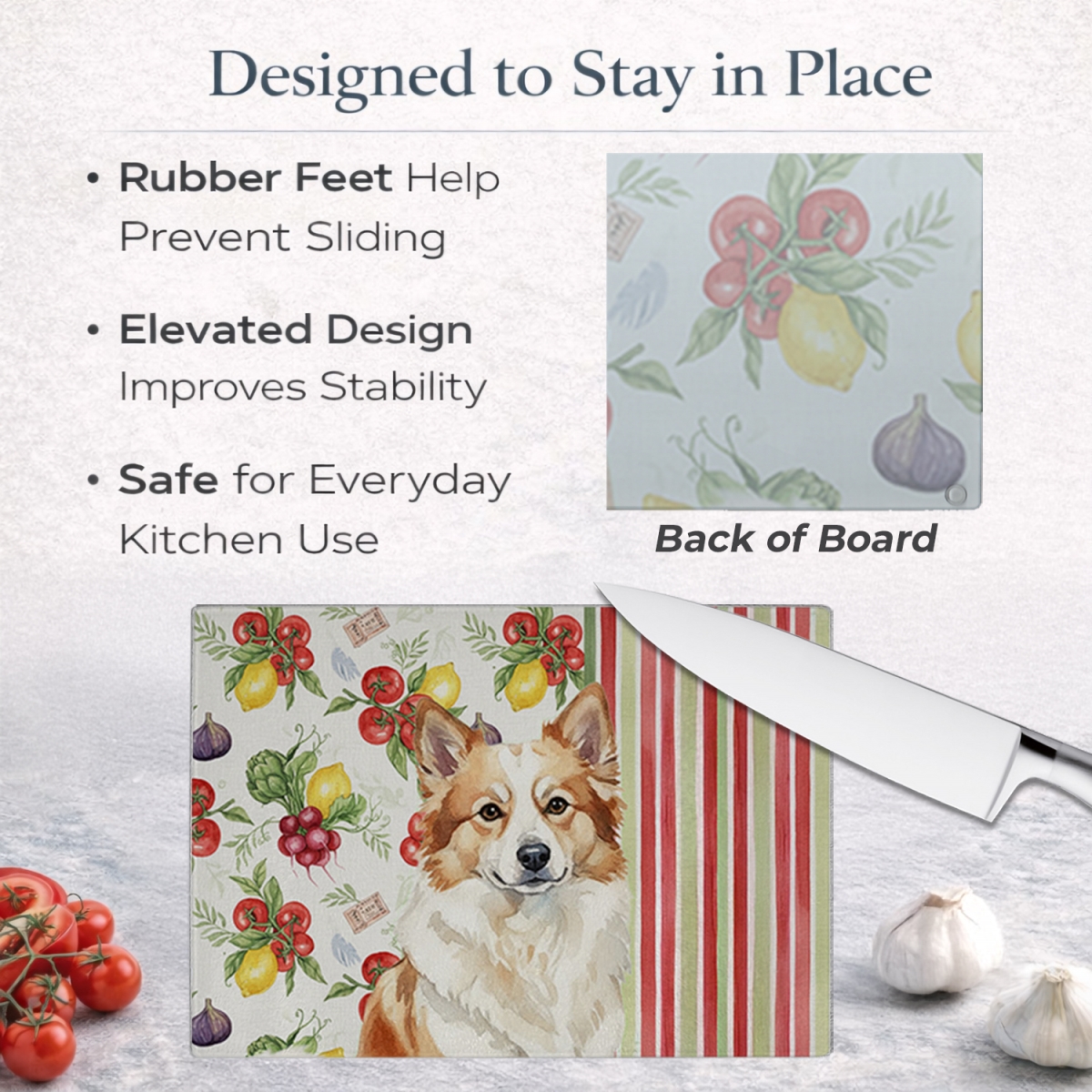 Picture of Carolines Treasures WDK8271LCB 11.25 x 15.25 in. Tan Icelandic Sheepdog Vegetables Glass Cutting Board