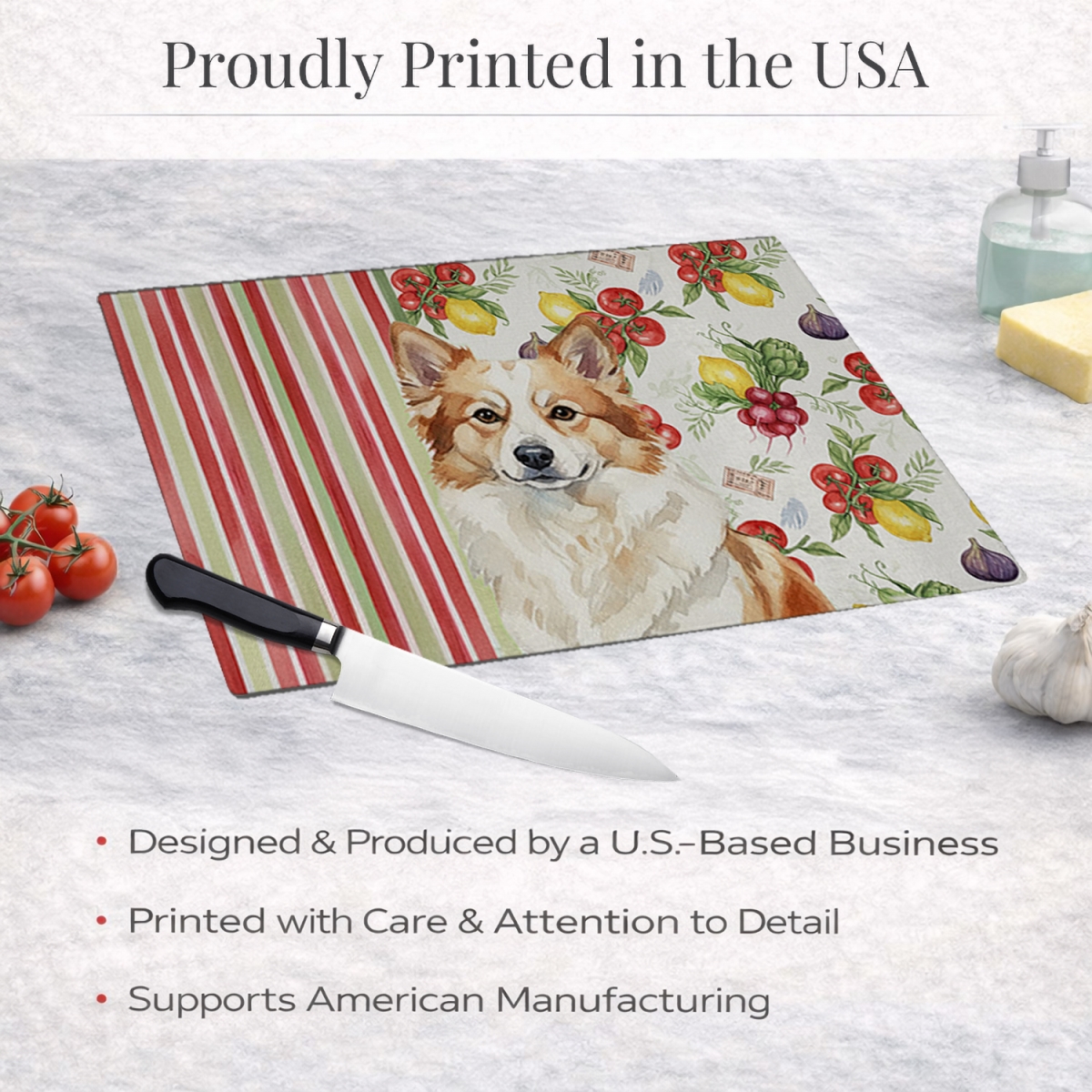 Picture of Carolines Treasures WDK8271LCB 11.25 x 15.25 in. Tan Icelandic Sheepdog Vegetables Glass Cutting Board