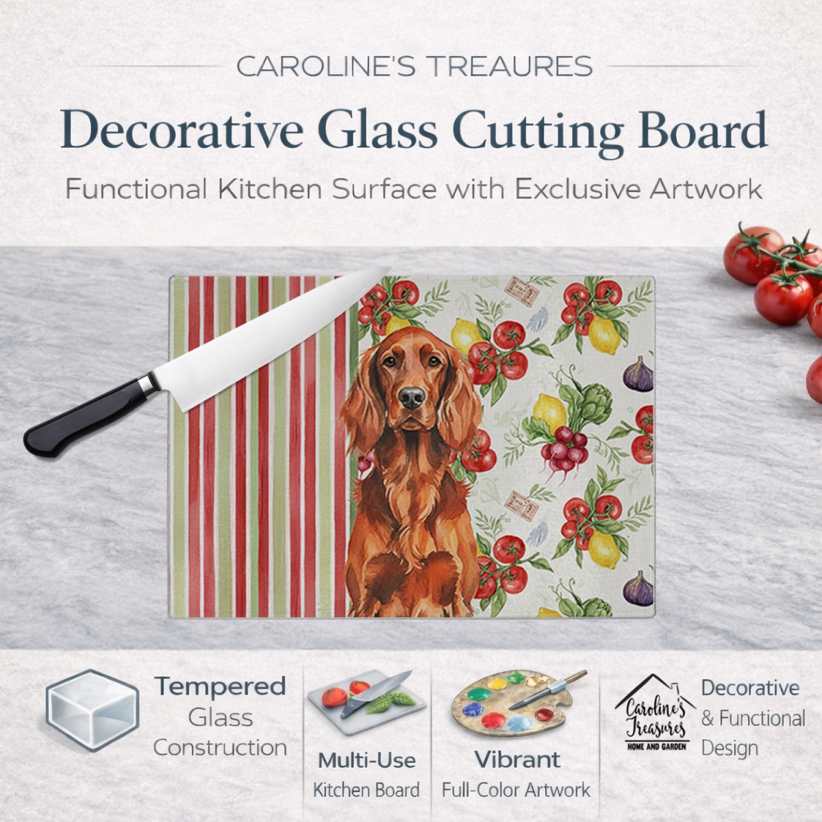 Picture of Carolines Treasures WDK8272LCB 11.25 x 15.25 in. Irish Setter Vegetables Glass Cutting Board