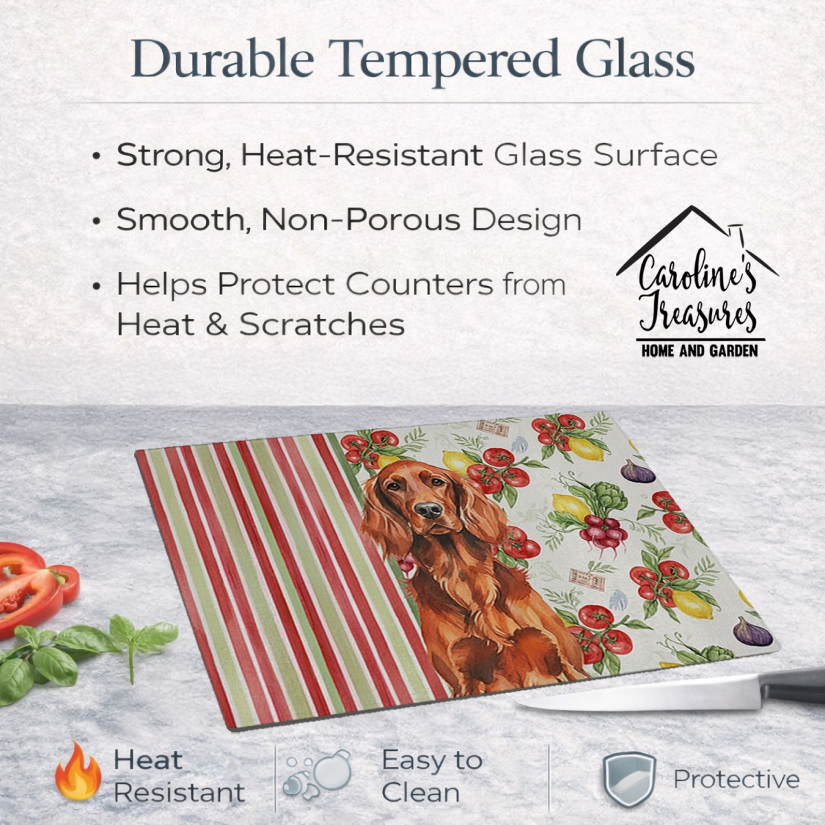 Picture of Carolines Treasures WDK8272LCB 11.25 x 15.25 in. Irish Setter Vegetables Glass Cutting Board