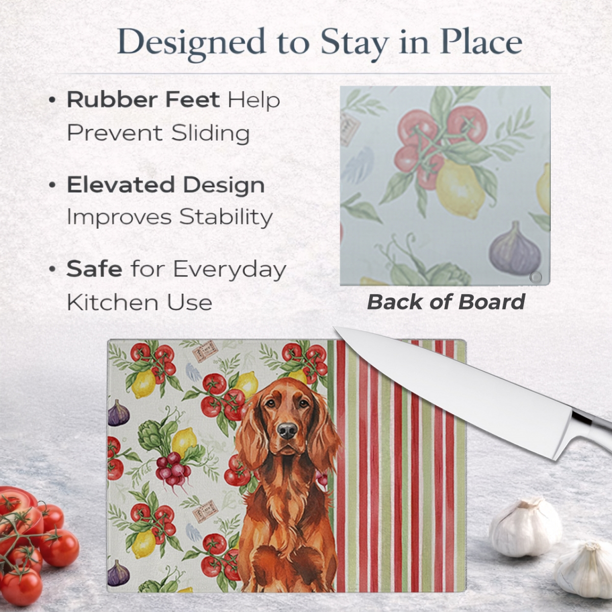 Picture of Carolines Treasures WDK8272LCB 11.25 x 15.25 in. Irish Setter Vegetables Glass Cutting Board