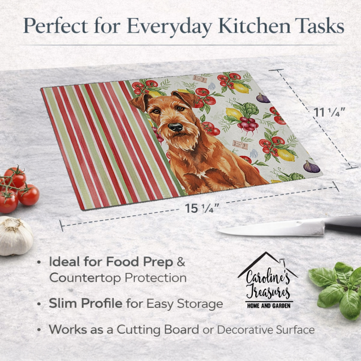 Picture of Carolines Treasures WDK8273LCB 11.25 x 15.25 in. Irish Terrier Vegetables Glass Cutting Board