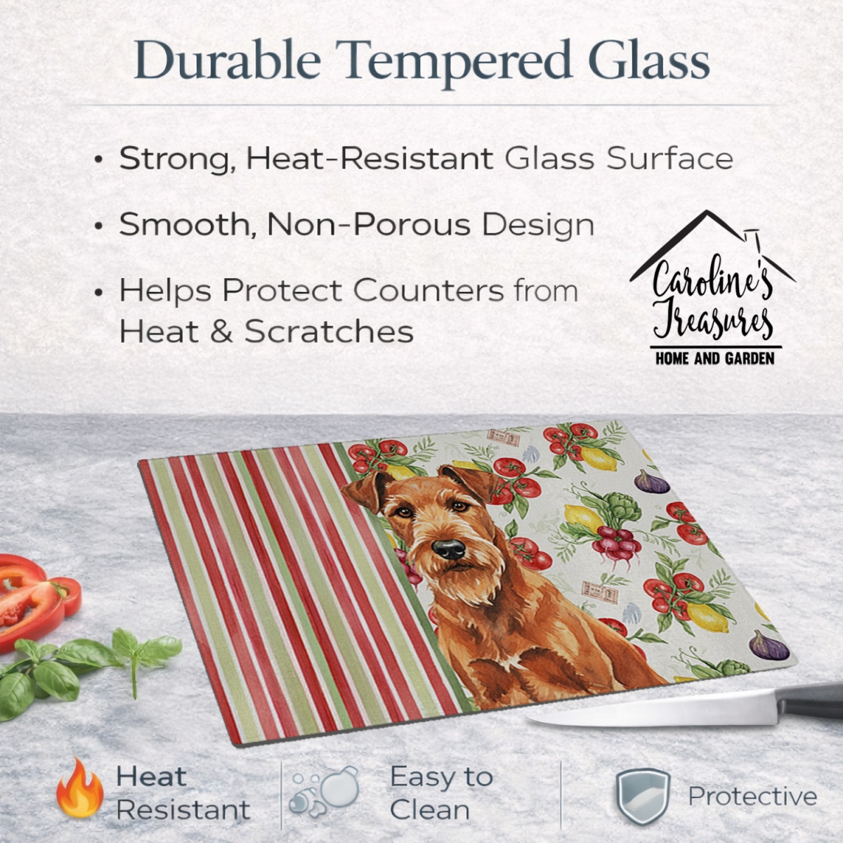 Picture of Carolines Treasures WDK8273LCB 11.25 x 15.25 in. Irish Terrier Vegetables Glass Cutting Board