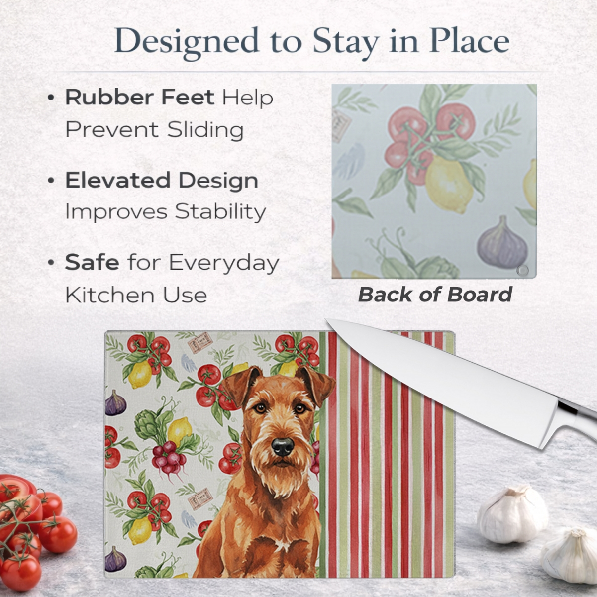 Picture of Carolines Treasures WDK8273LCB 11.25 x 15.25 in. Irish Terrier Vegetables Glass Cutting Board