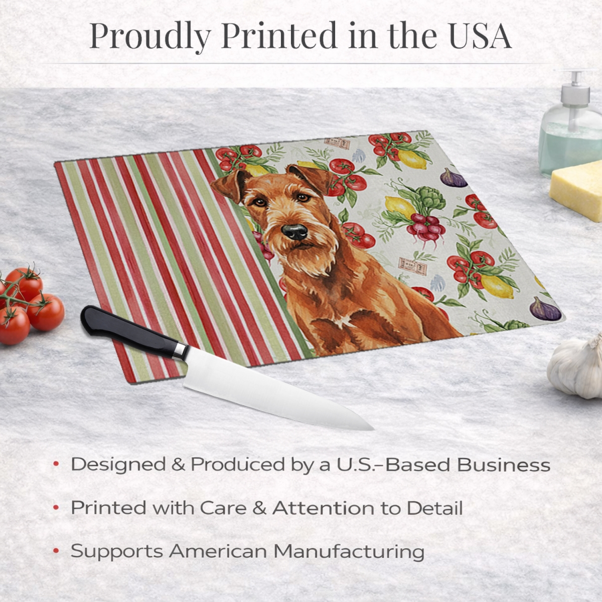 Picture of Carolines Treasures WDK8273LCB 11.25 x 15.25 in. Irish Terrier Vegetables Glass Cutting Board