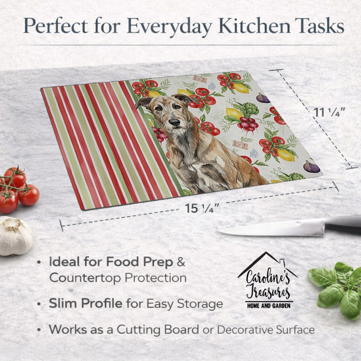 Picture of Carolines Treasures WDK8274LCB 11.25 x 15.25 in. Brindle Irish Wolfhound Vegetables Glass Cutting Board