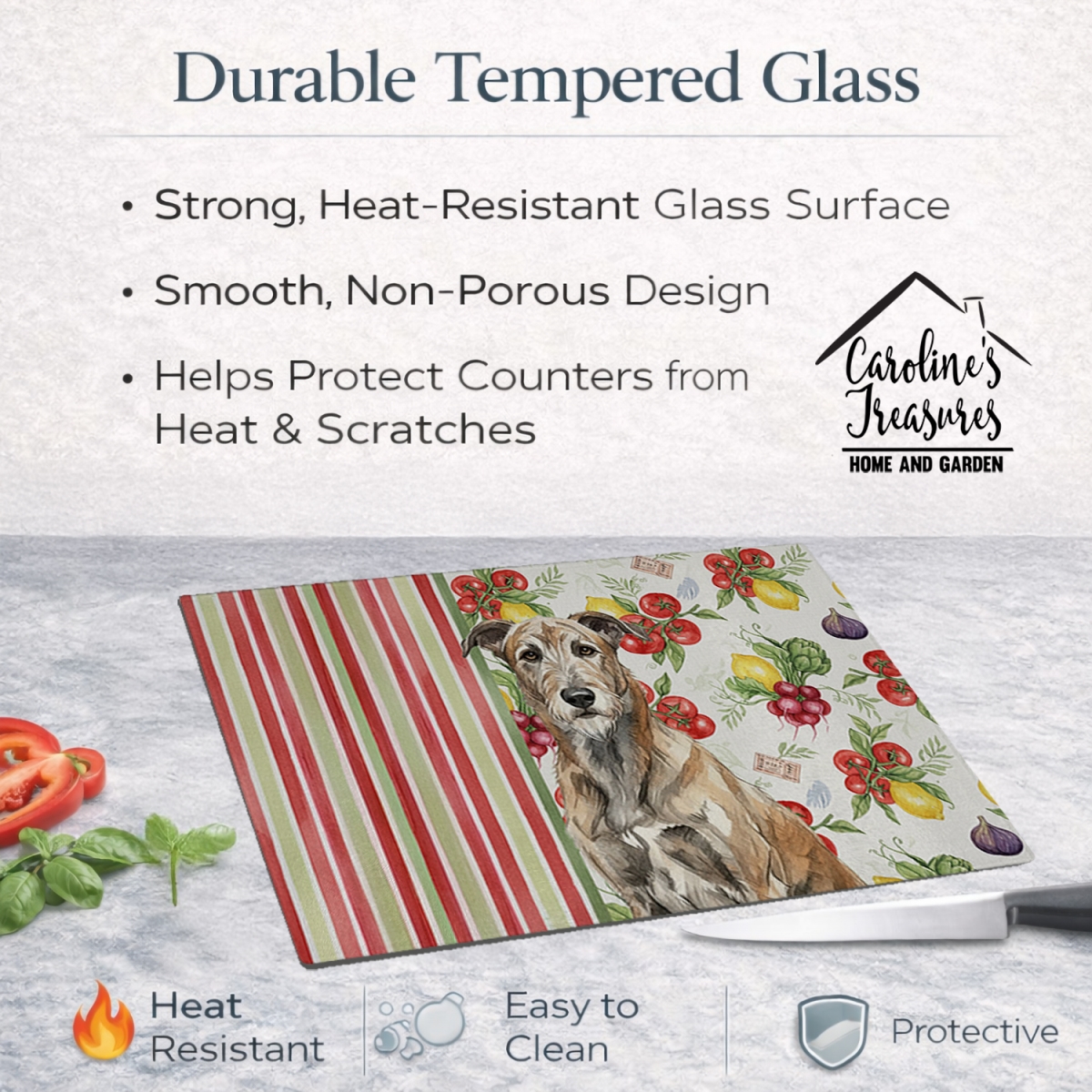 Picture of Carolines Treasures WDK8274LCB 11.25 x 15.25 in. Brindle Irish Wolfhound Vegetables Glass Cutting Board