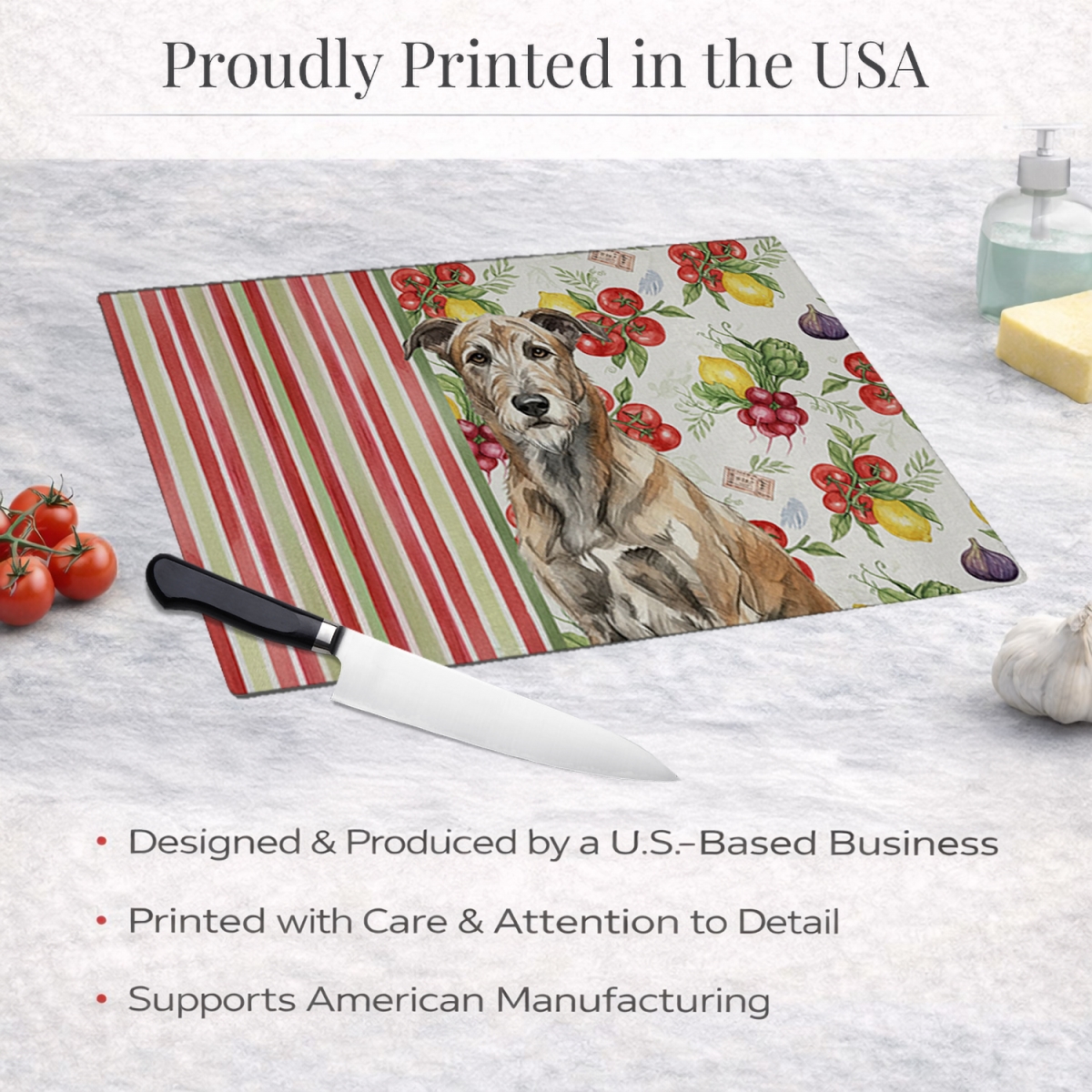 Picture of Carolines Treasures WDK8274LCB 11.25 x 15.25 in. Brindle Irish Wolfhound Vegetables Glass Cutting Board