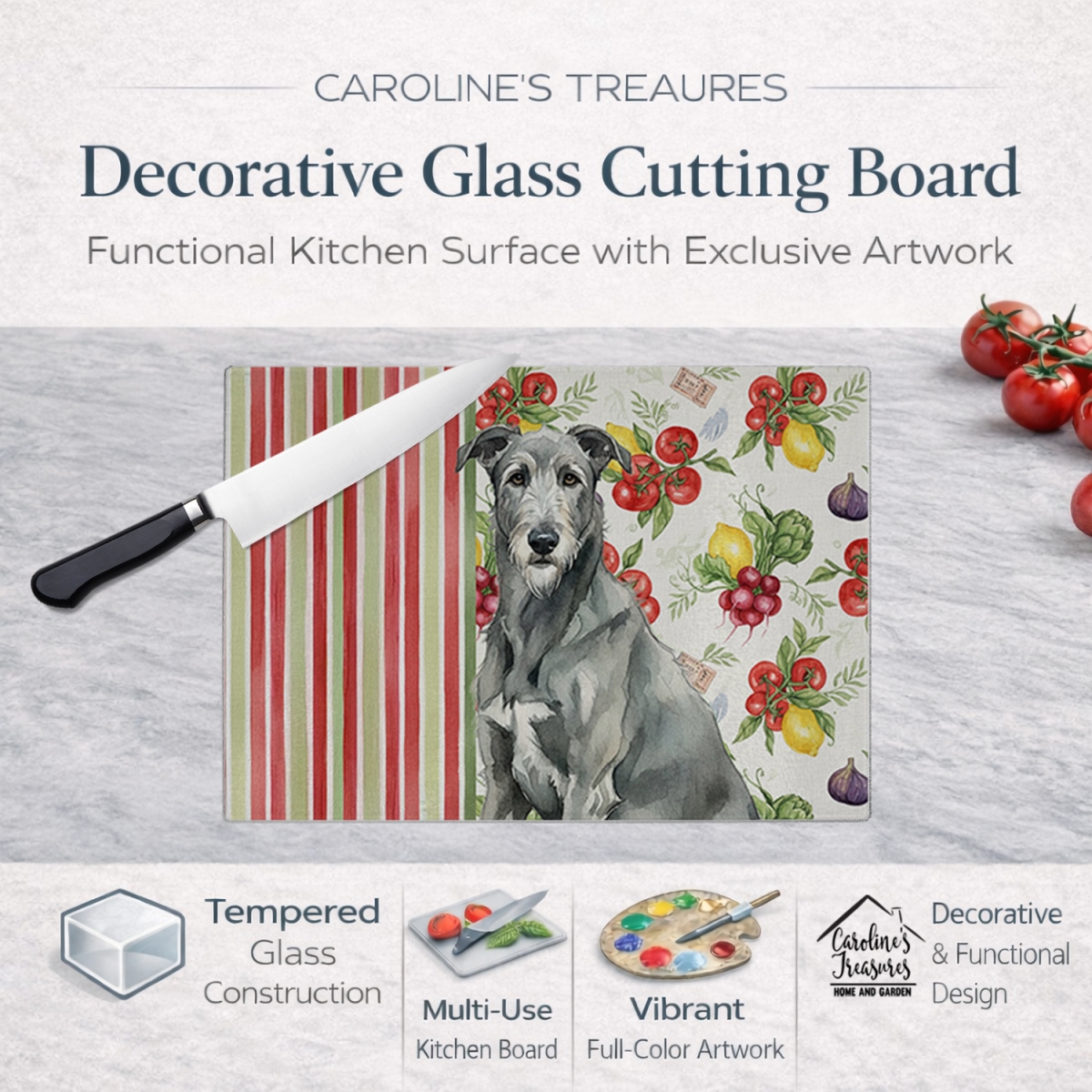 Picture of Carolines Treasures WDK8275LCB 11.25 x 15.25 in. Gray Irish Wolfhound Vegetables Glass Cutting Board