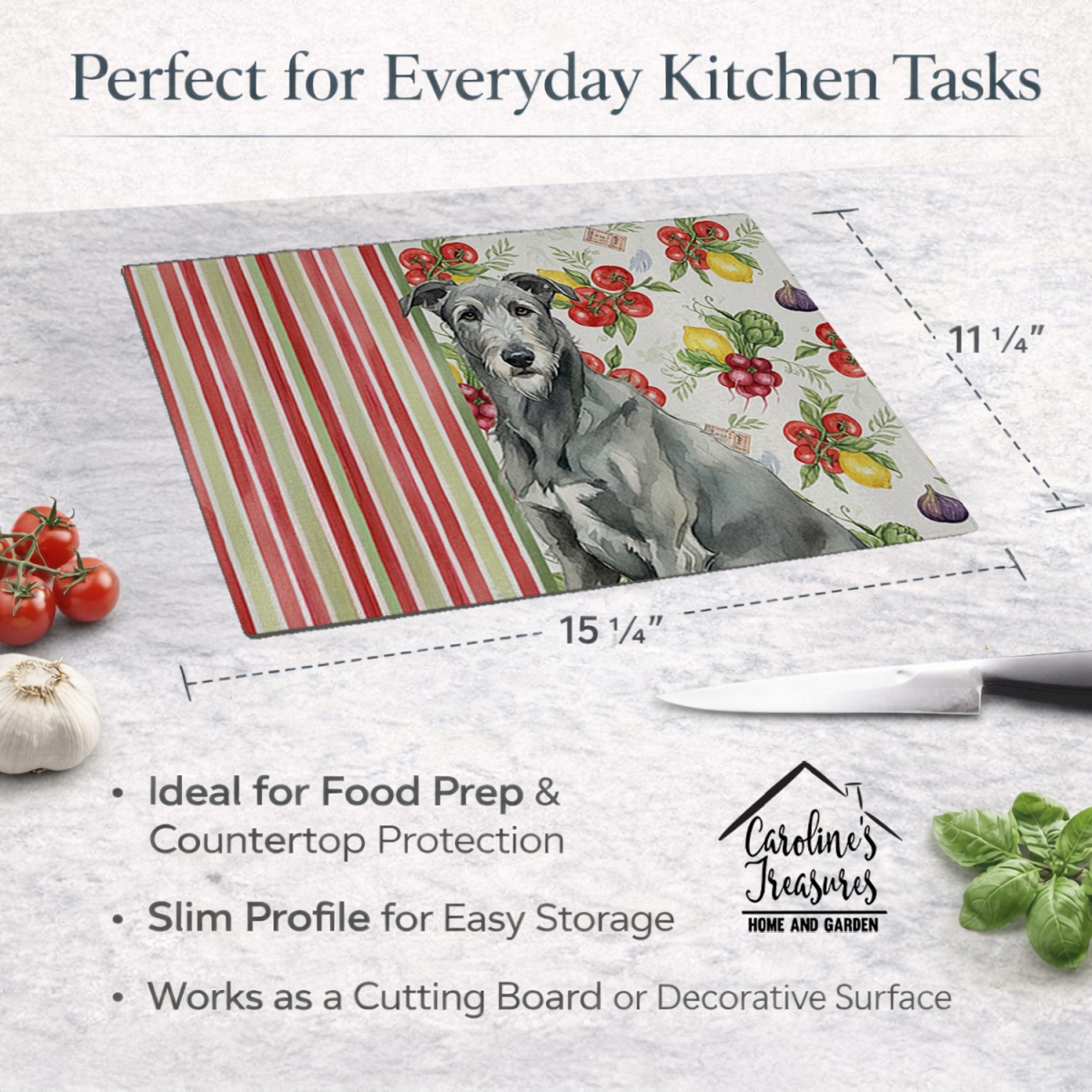 Picture of Carolines Treasures WDK8275LCB 11.25 x 15.25 in. Gray Irish Wolfhound Vegetables Glass Cutting Board