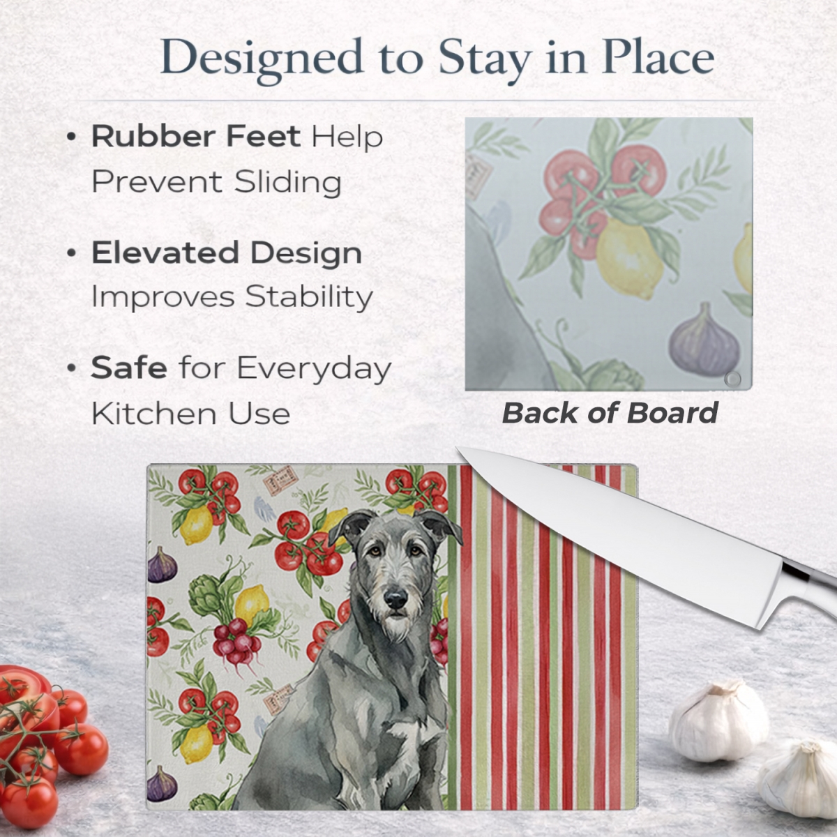 Picture of Carolines Treasures WDK8275LCB 11.25 x 15.25 in. Gray Irish Wolfhound Vegetables Glass Cutting Board