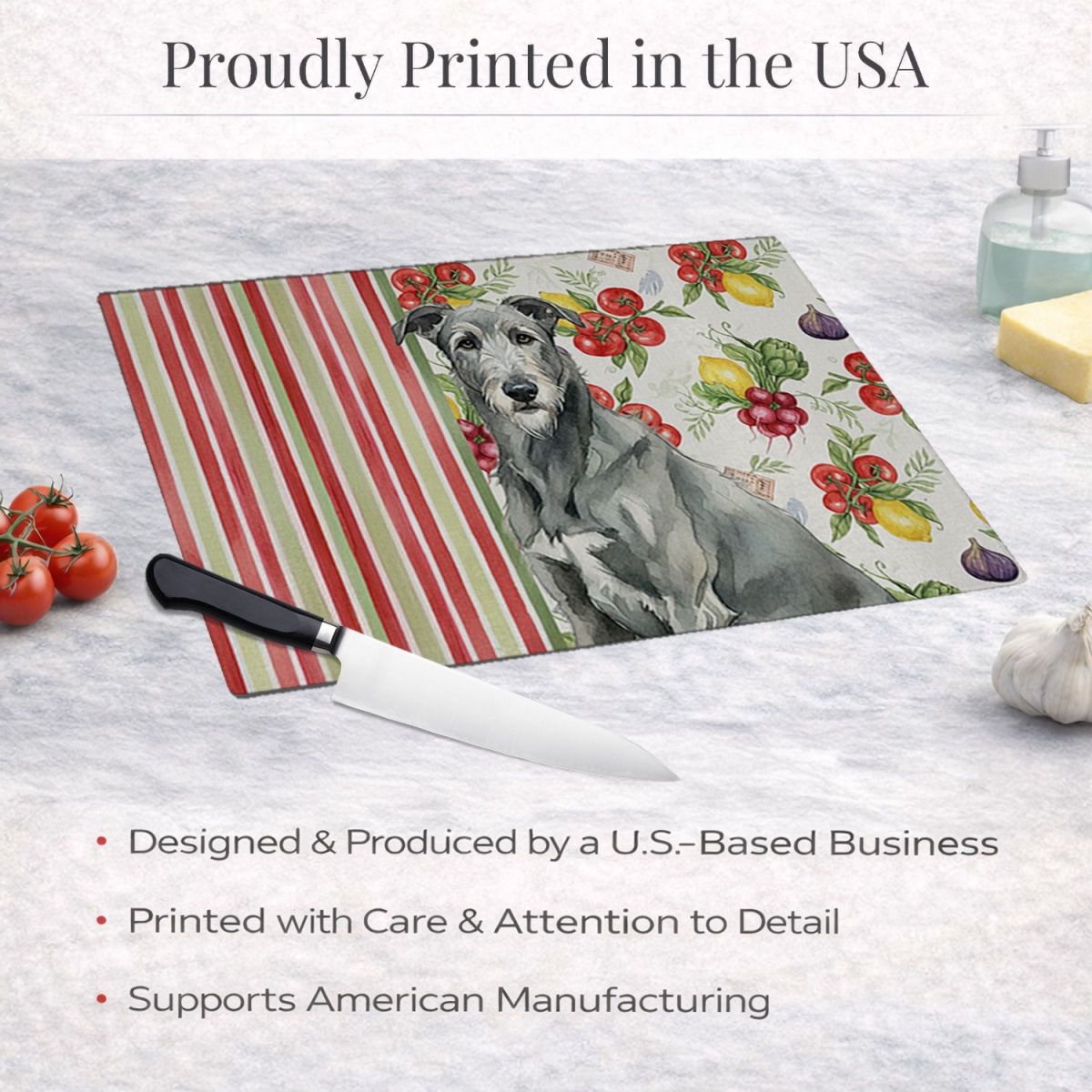 Picture of Carolines Treasures WDK8275LCB 11.25 x 15.25 in. Gray Irish Wolfhound Vegetables Glass Cutting Board