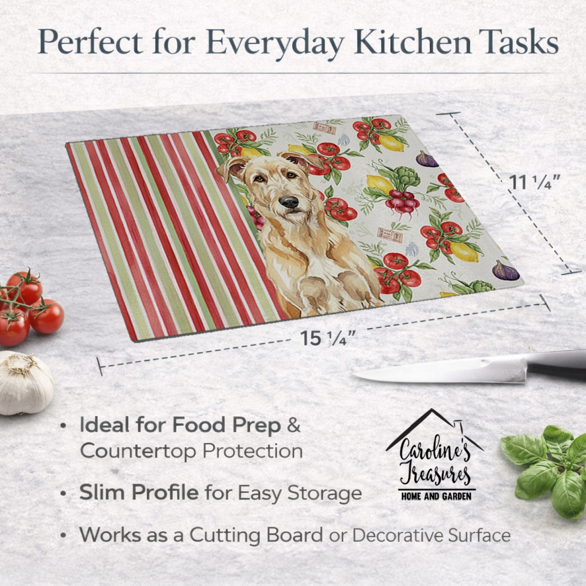 Picture of Carolines Treasures WDK8276LCB 11.25 x 15.25 in. Wheaten Irish Wolfhound Vegetables Glass Cutting Board