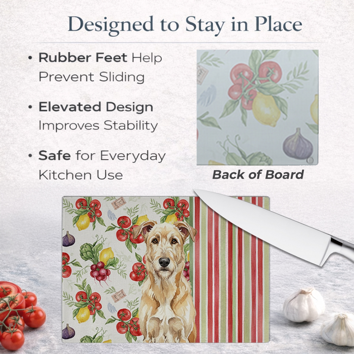 Picture of Carolines Treasures WDK8276LCB 11.25 x 15.25 in. Wheaten Irish Wolfhound Vegetables Glass Cutting Board