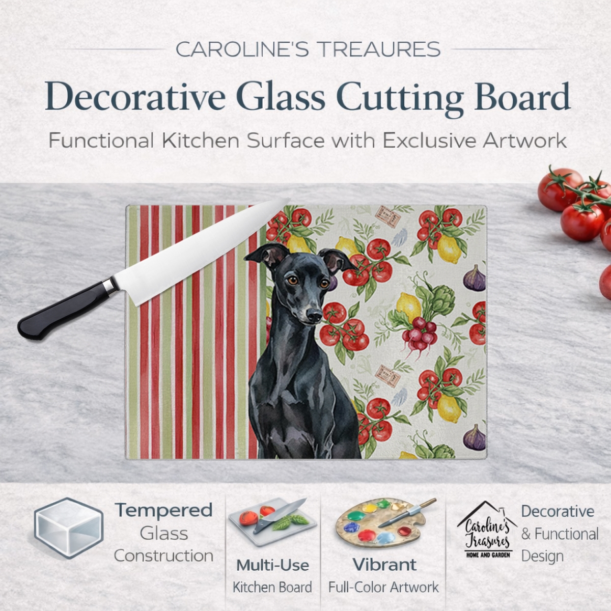 Picture of Carolines Treasures WDK8277LCB 11.25 x 15.25 in. Black Italian Greyhound Vegetables Glass Cutting Board