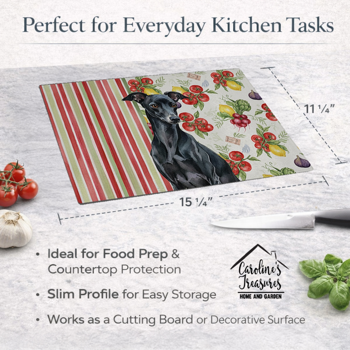 Picture of Carolines Treasures WDK8277LCB 11.25 x 15.25 in. Black Italian Greyhound Vegetables Glass Cutting Board