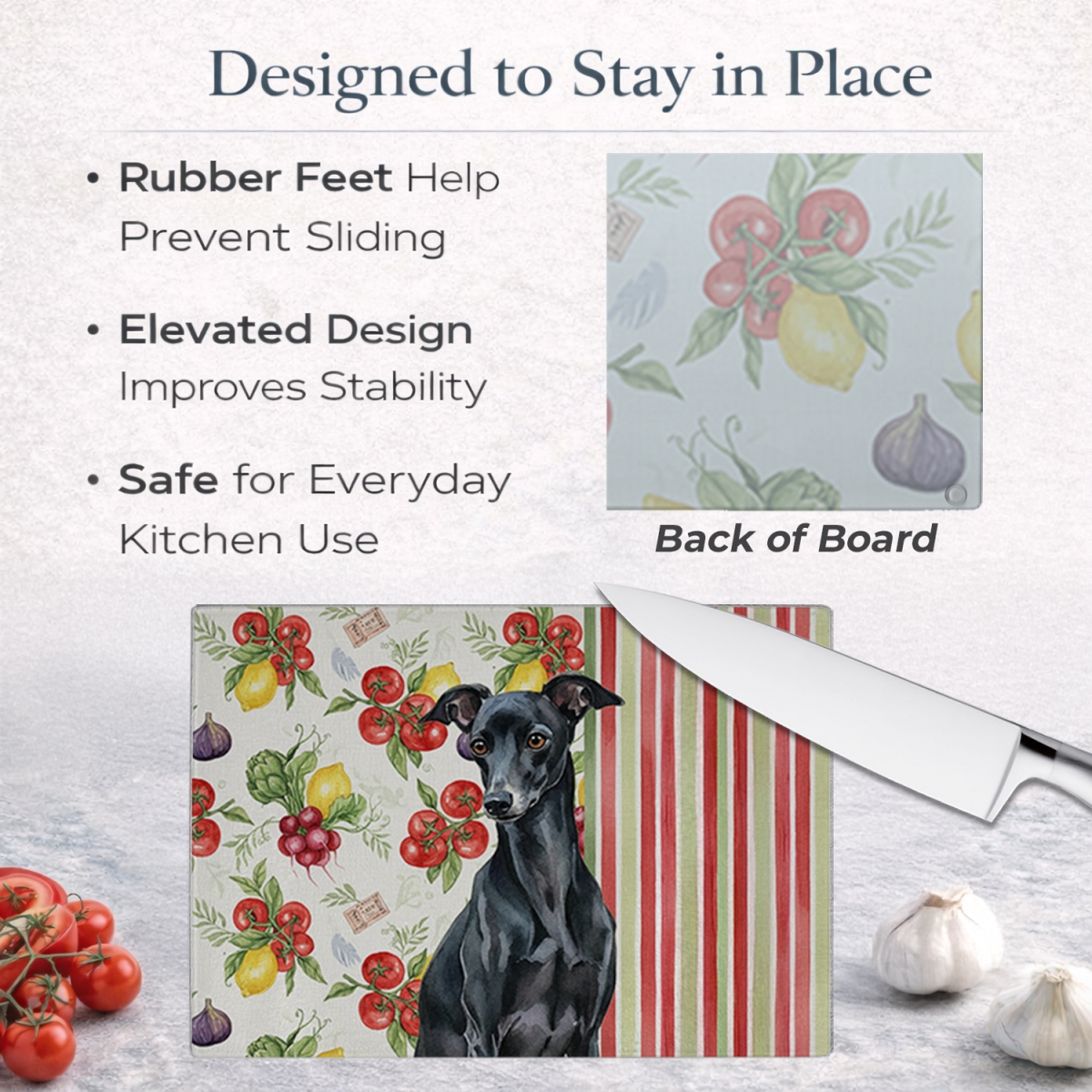 Picture of Carolines Treasures WDK8277LCB 11.25 x 15.25 in. Black Italian Greyhound Vegetables Glass Cutting Board