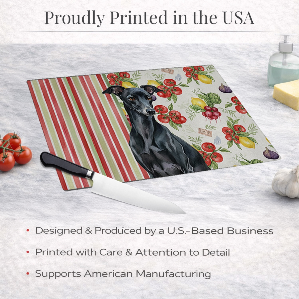 Picture of Carolines Treasures WDK8277LCB 11.25 x 15.25 in. Black Italian Greyhound Vegetables Glass Cutting Board