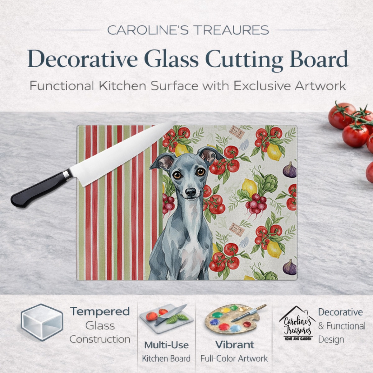 Picture of Carolines Treasures WDK8278LCB 11.25 x 15.25 in. Blue Italian Greyhound Vegetables Glass Cutting Board