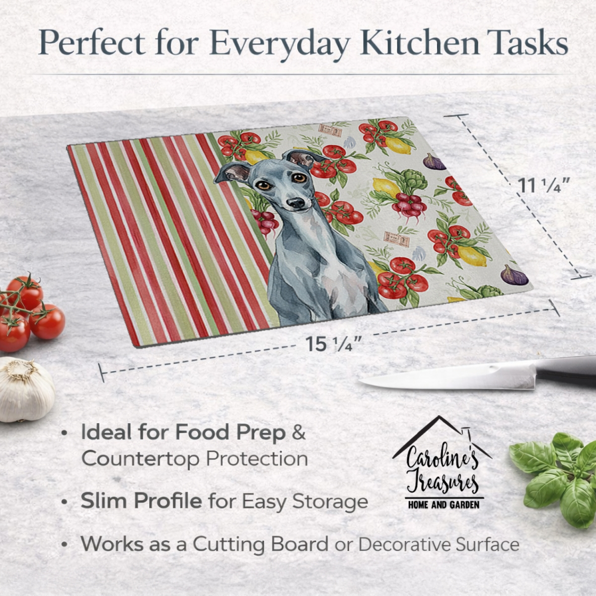 Picture of Carolines Treasures WDK8278LCB 11.25 x 15.25 in. Blue Italian Greyhound Vegetables Glass Cutting Board