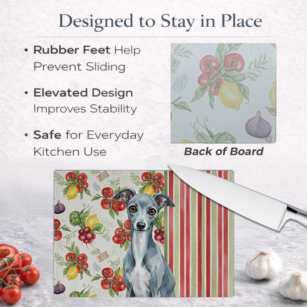 Picture of Carolines Treasures WDK8278LCB 11.25 x 15.25 in. Blue Italian Greyhound Vegetables Glass Cutting Board