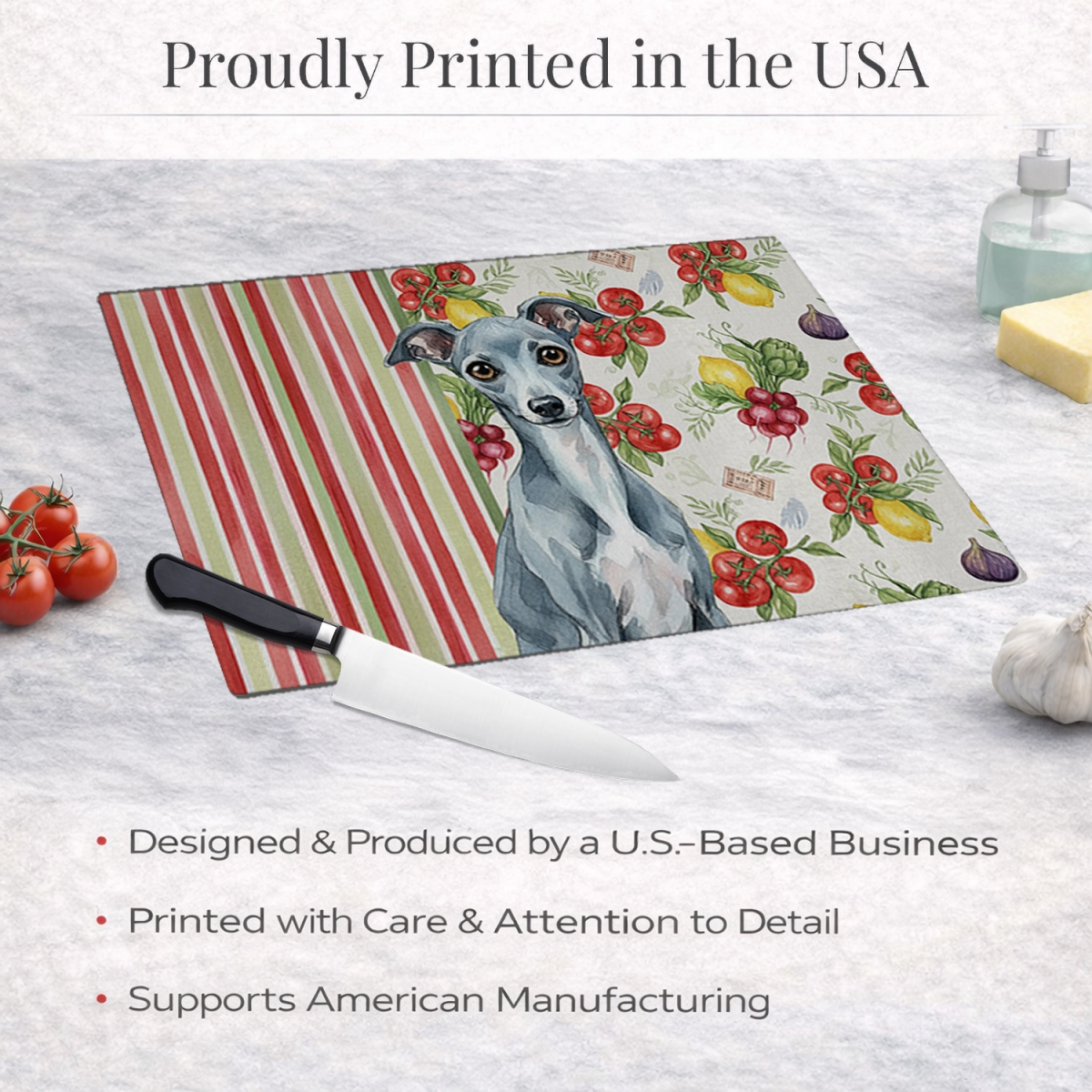 Picture of Carolines Treasures WDK8278LCB 11.25 x 15.25 in. Blue Italian Greyhound Vegetables Glass Cutting Board