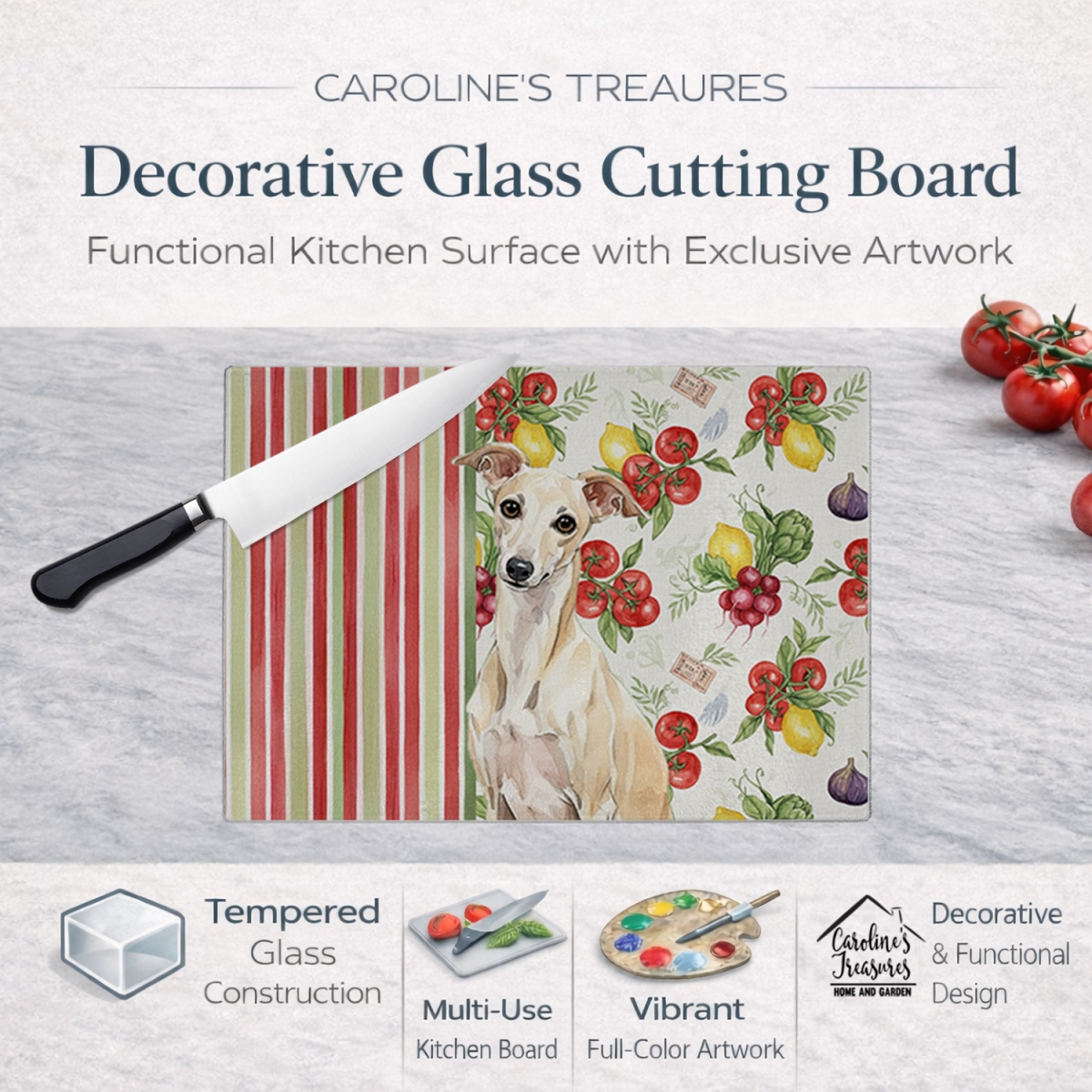 Picture of Carolines Treasures WDK8279LCB 11.25 x 15.25 in. Cream Italian Greyhound Vegetables Glass Cutting Board