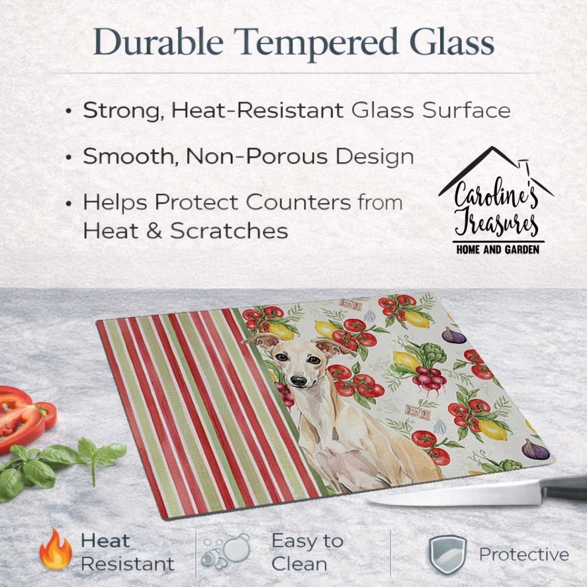 Picture of Carolines Treasures WDK8279LCB 11.25 x 15.25 in. Cream Italian Greyhound Vegetables Glass Cutting Board