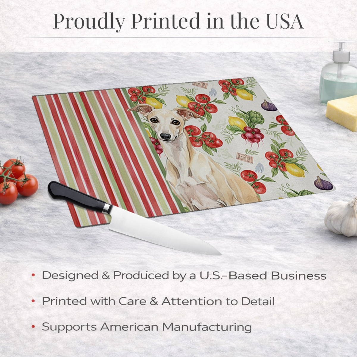 Picture of Carolines Treasures WDK8279LCB 11.25 x 15.25 in. Cream Italian Greyhound Vegetables Glass Cutting Board