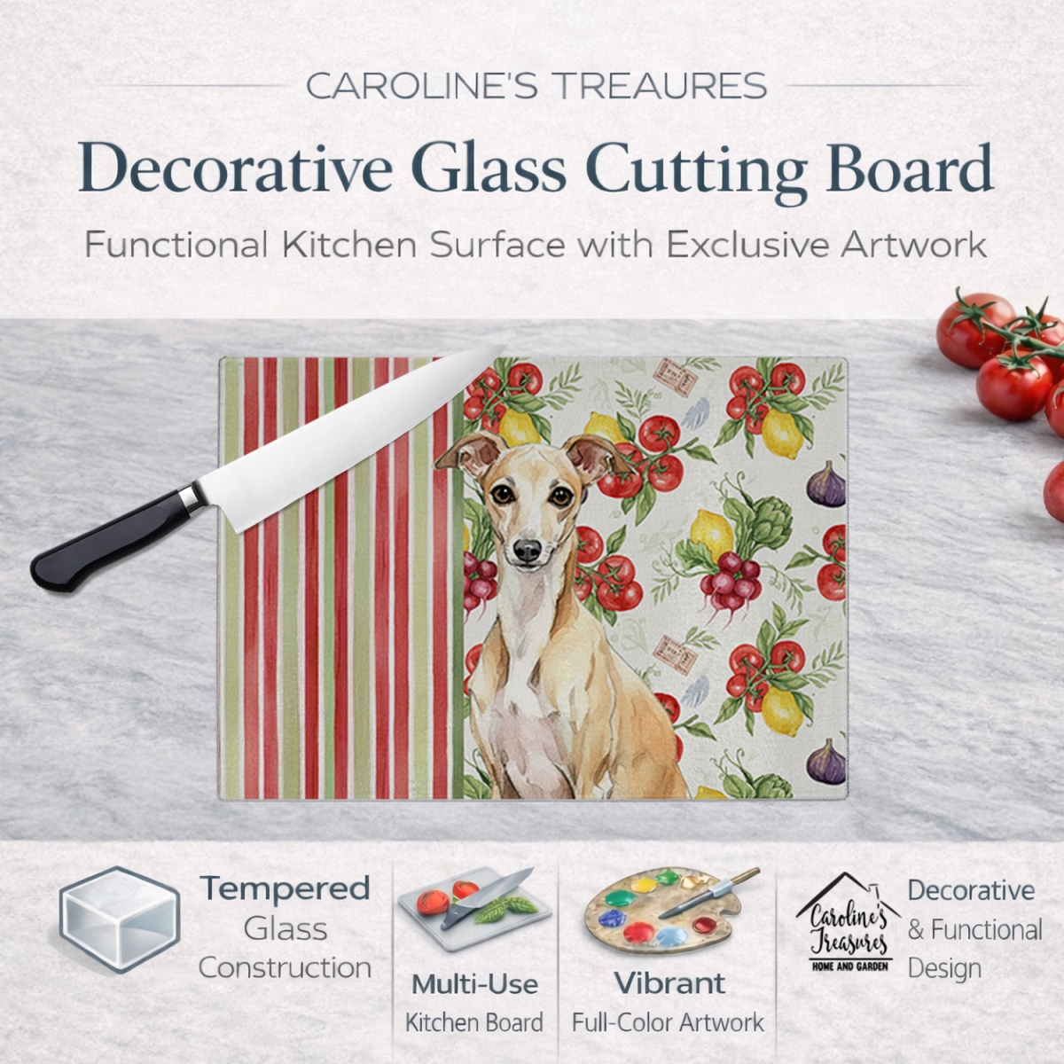 Picture of Carolines Treasures WDK8280LCB 11.25 x 15.25 in. Fawn Italian Greyhound Vegetables Glass Cutting Board