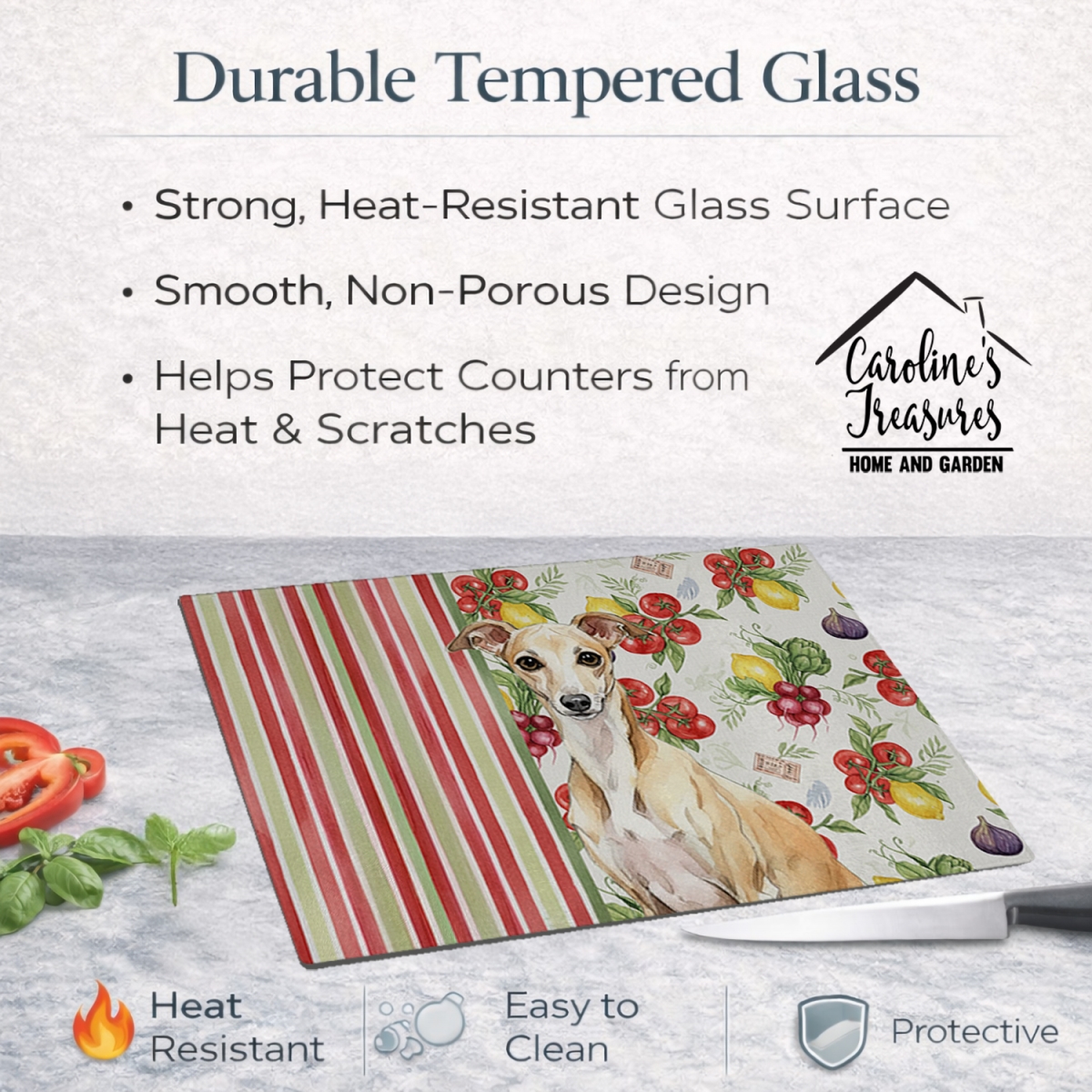 Picture of Carolines Treasures WDK8280LCB 11.25 x 15.25 in. Fawn Italian Greyhound Vegetables Glass Cutting Board