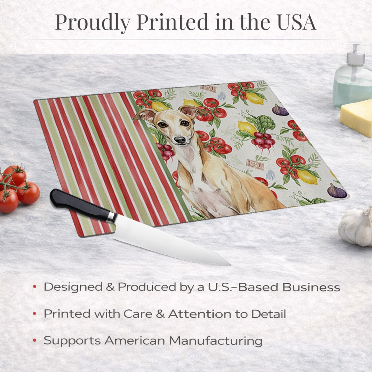 Picture of Carolines Treasures WDK8280LCB 11.25 x 15.25 in. Fawn Italian Greyhound Vegetables Glass Cutting Board