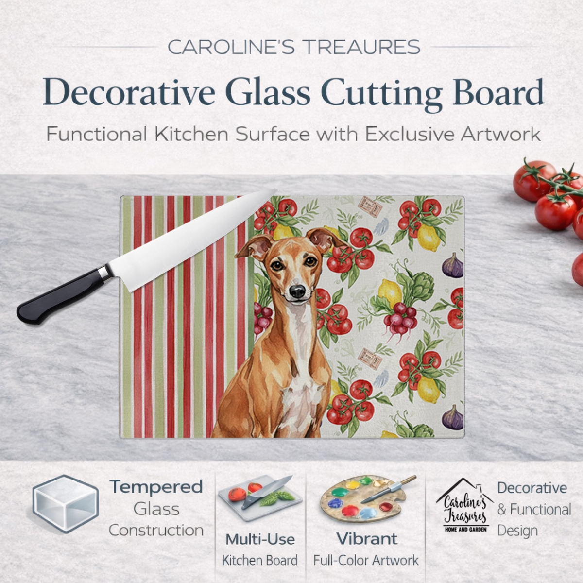 Picture of Carolines Treasures WDK8281LCB 11.25 x 15.25 in. Red Italian Greyhound Vegetables Glass Cutting Board
