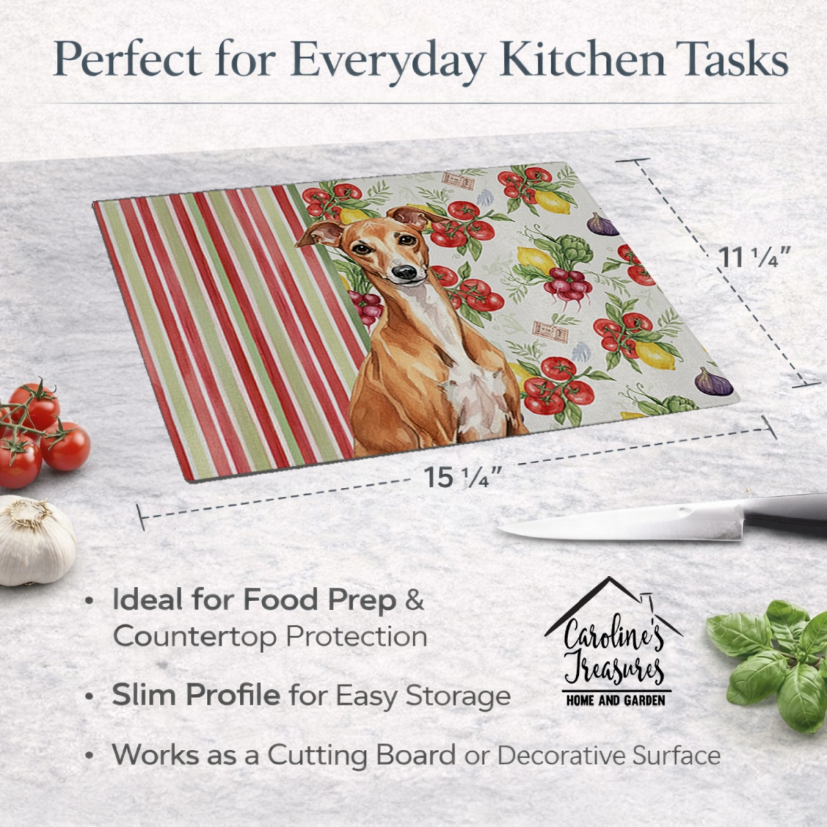 Picture of Carolines Treasures WDK8281LCB 11.25 x 15.25 in. Red Italian Greyhound Vegetables Glass Cutting Board