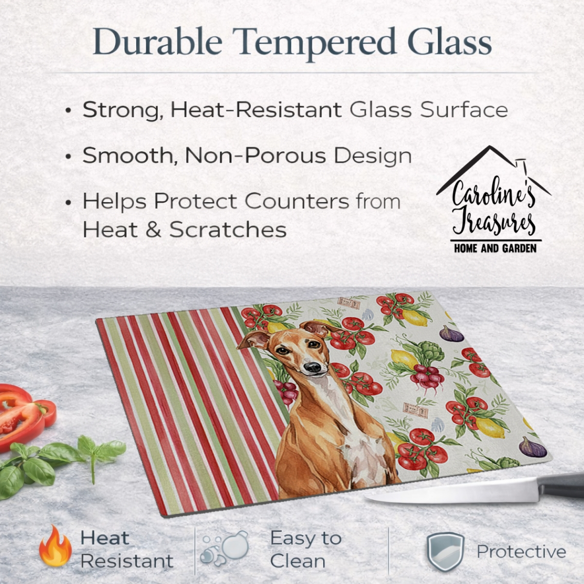 Picture of Carolines Treasures WDK8281LCB 11.25 x 15.25 in. Red Italian Greyhound Vegetables Glass Cutting Board