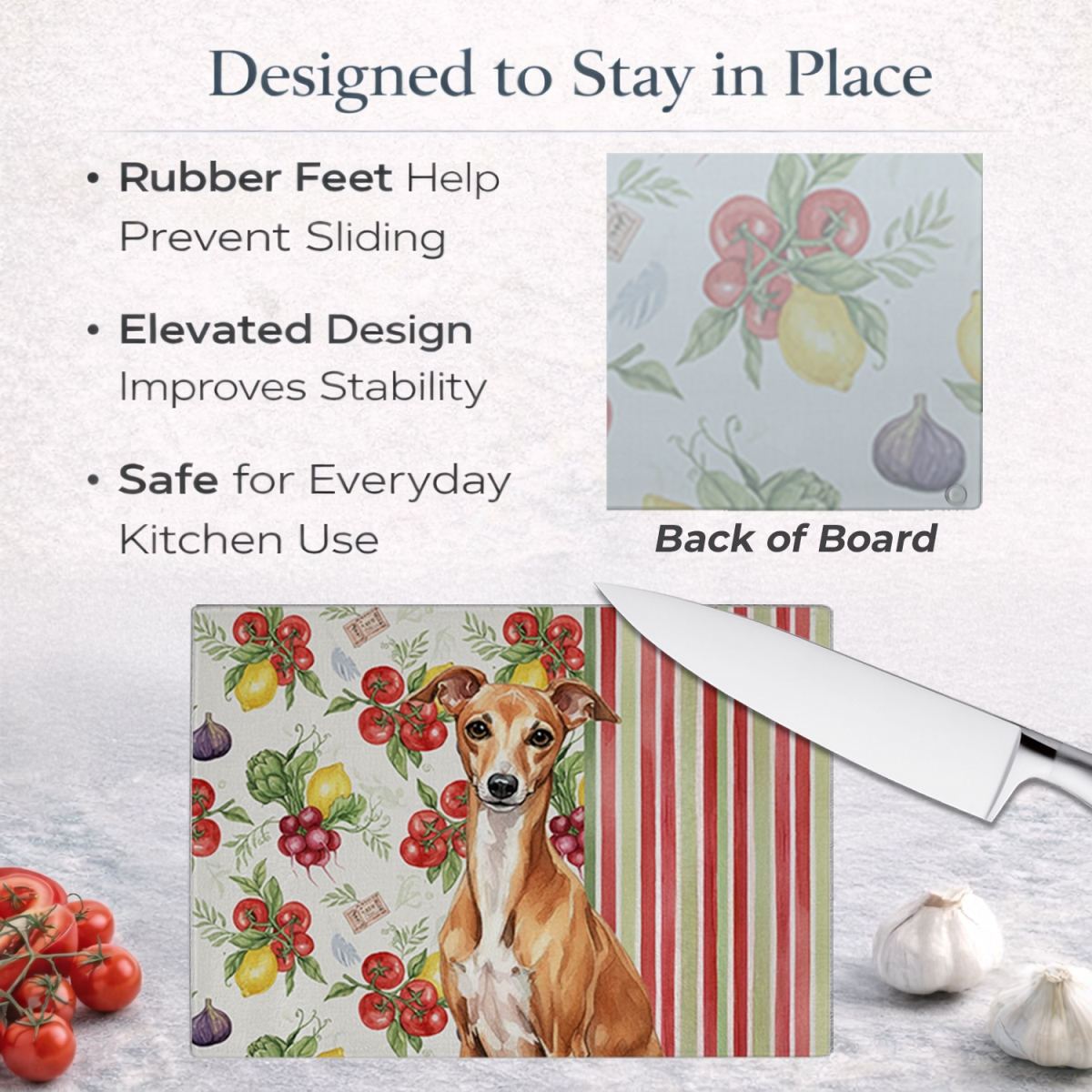 Picture of Carolines Treasures WDK8281LCB 11.25 x 15.25 in. Red Italian Greyhound Vegetables Glass Cutting Board