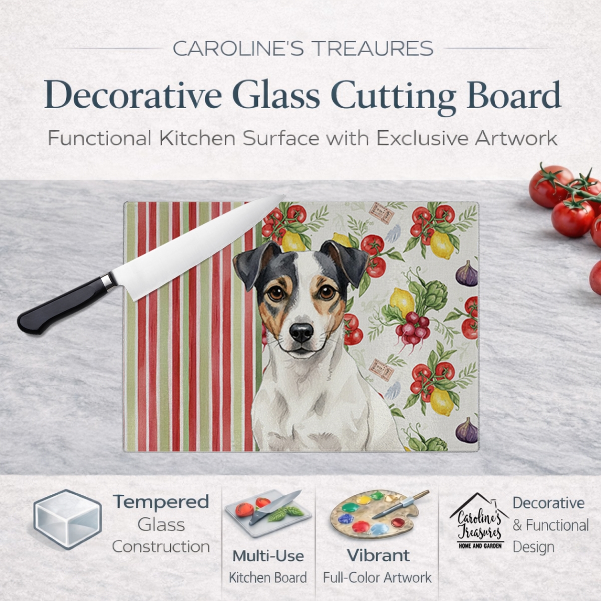 Picture of Carolines Treasures WDK8282LCB 11.25 x 15.25 in. White & Black Jack Russell Terrier Vegetables Glass Cutting Board