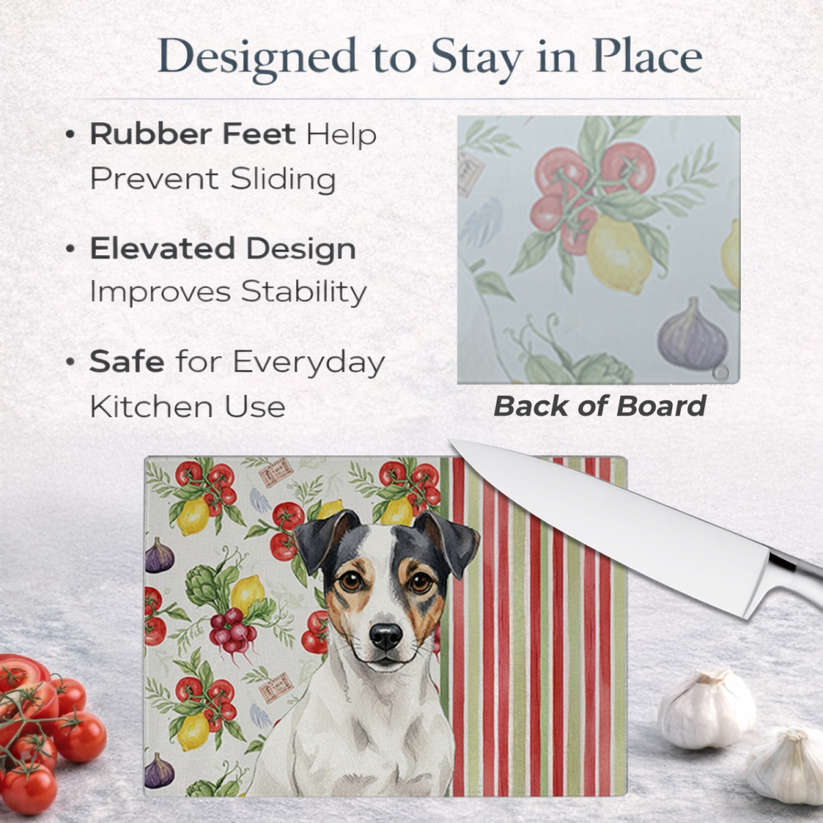 Picture of Carolines Treasures WDK8282LCB 11.25 x 15.25 in. White & Black Jack Russell Terrier Vegetables Glass Cutting Board
