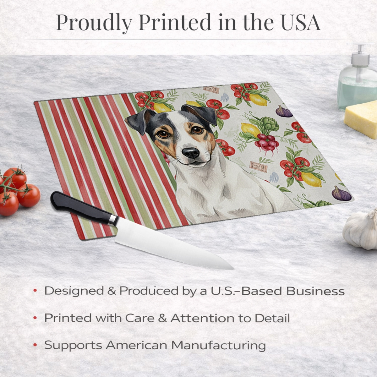 Picture of Carolines Treasures WDK8282LCB 11.25 x 15.25 in. White & Black Jack Russell Terrier Vegetables Glass Cutting Board