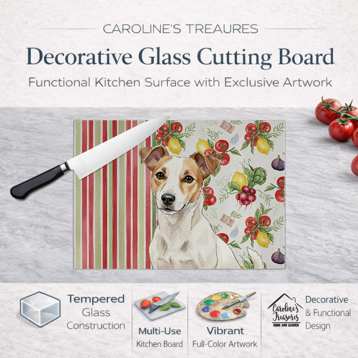 Picture of Carolines Treasures WDK8283LCB 11.25 x 15.25 in. White & Tan Jack Russell Terrier Vegetables Glass Cutting Board