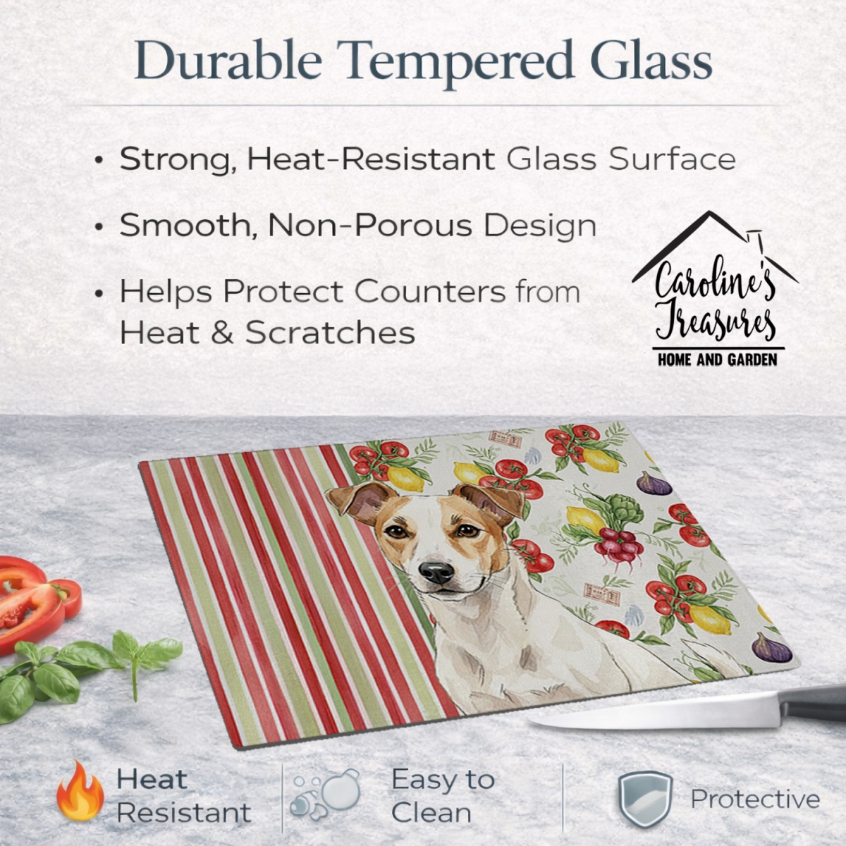 Picture of Carolines Treasures WDK8283LCB 11.25 x 15.25 in. White & Tan Jack Russell Terrier Vegetables Glass Cutting Board