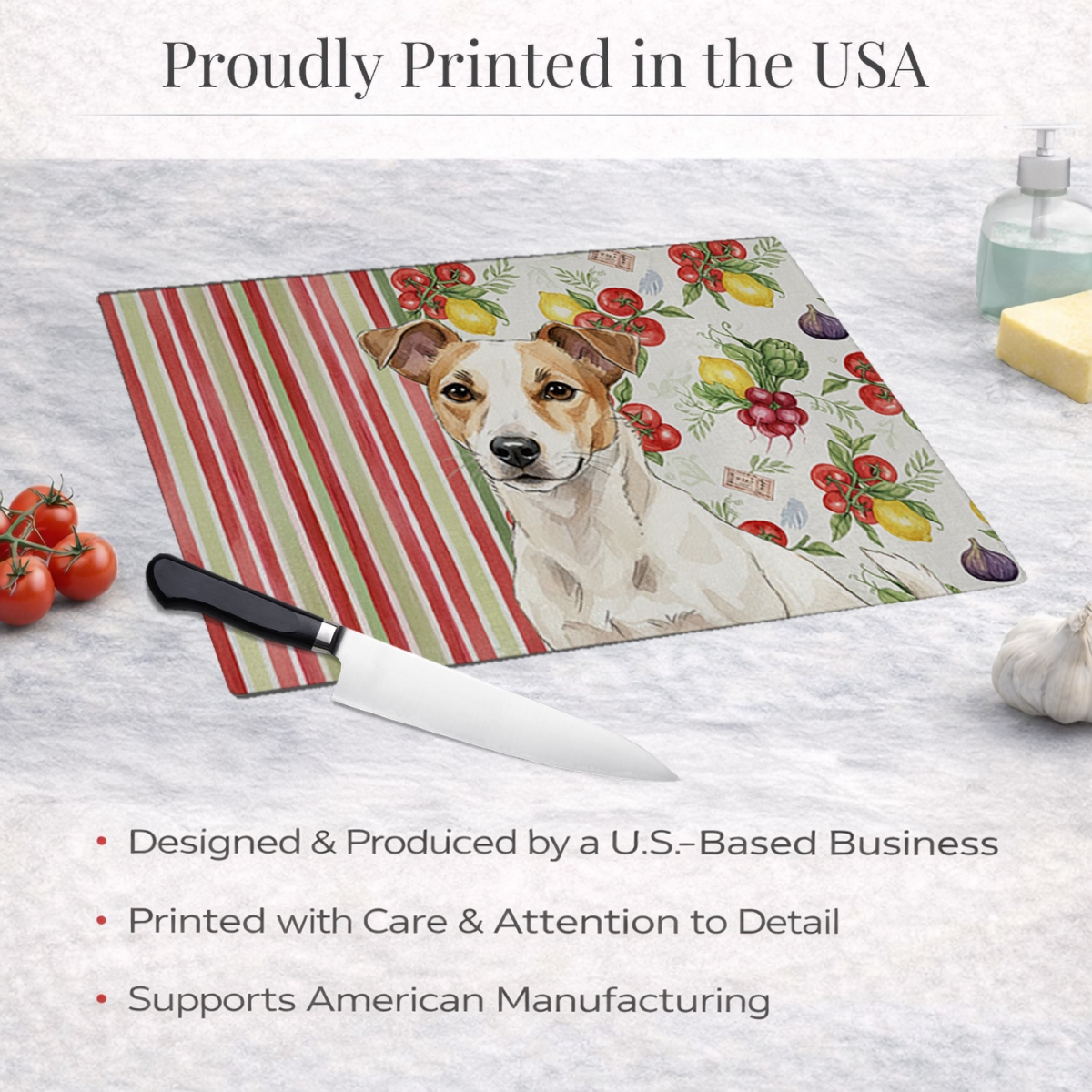 Picture of Carolines Treasures WDK8283LCB 11.25 x 15.25 in. White & Tan Jack Russell Terrier Vegetables Glass Cutting Board